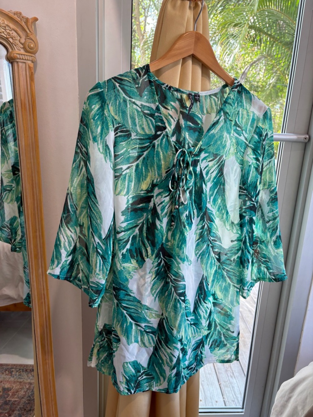 Pacific Beach Green Tropical Leaf Print Tie-Front Blouse or Swim Cover up Small